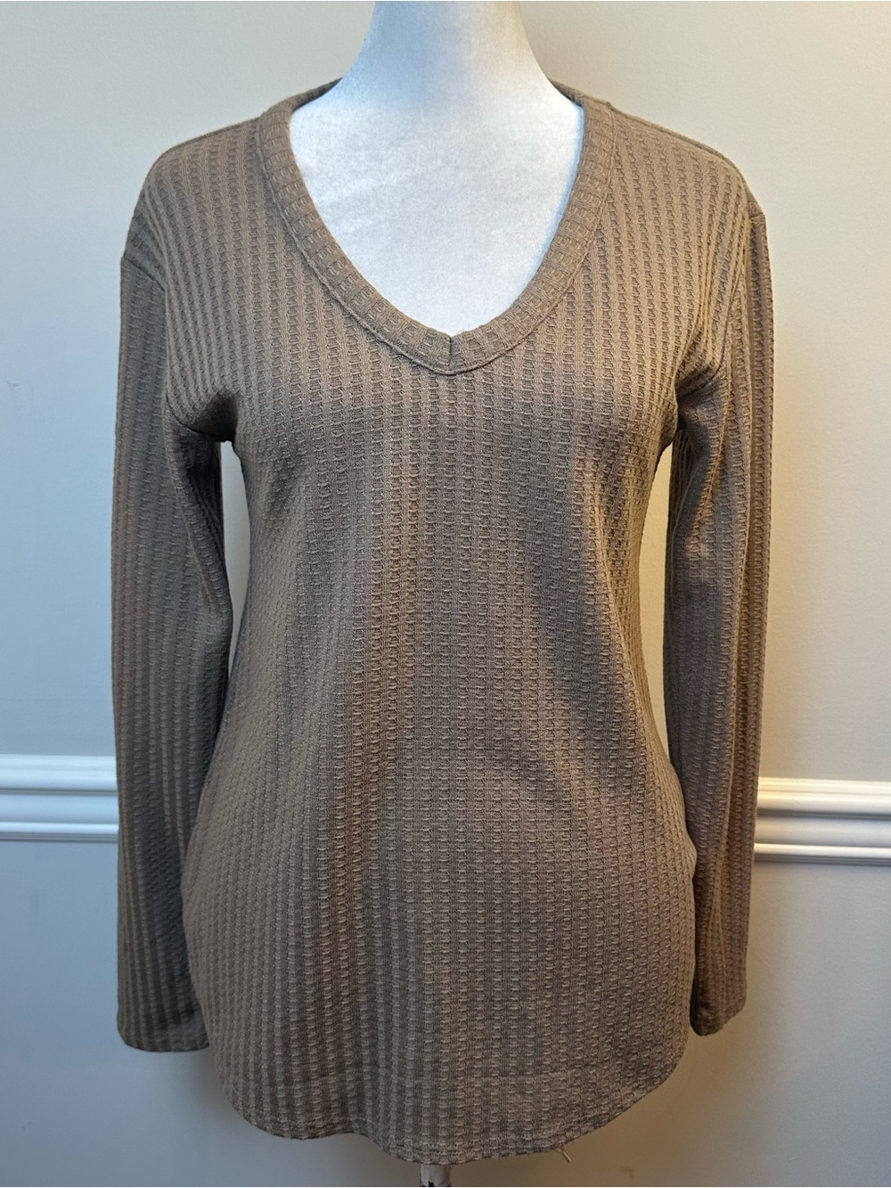 Chaser Brown Textured V-Neck Long Sleeve Top XS